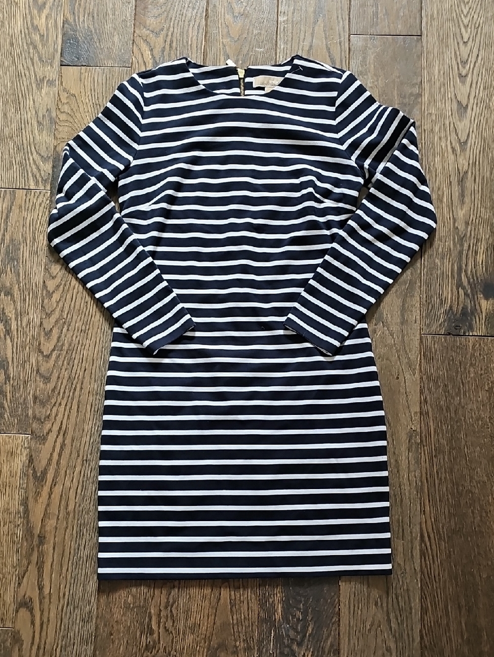 Michael Kors Navy and White Striped Long-Sleeve Shift Dress
